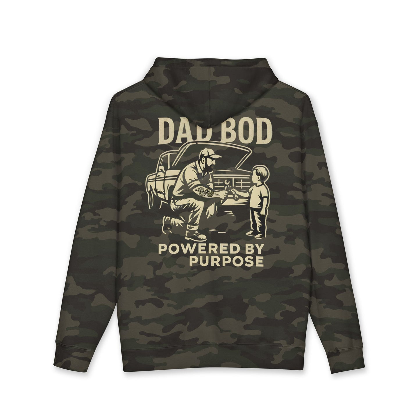 Dad Bod Hoodie — "Powered By Purpose" Vintage Mechanic Fatherhood Pullover