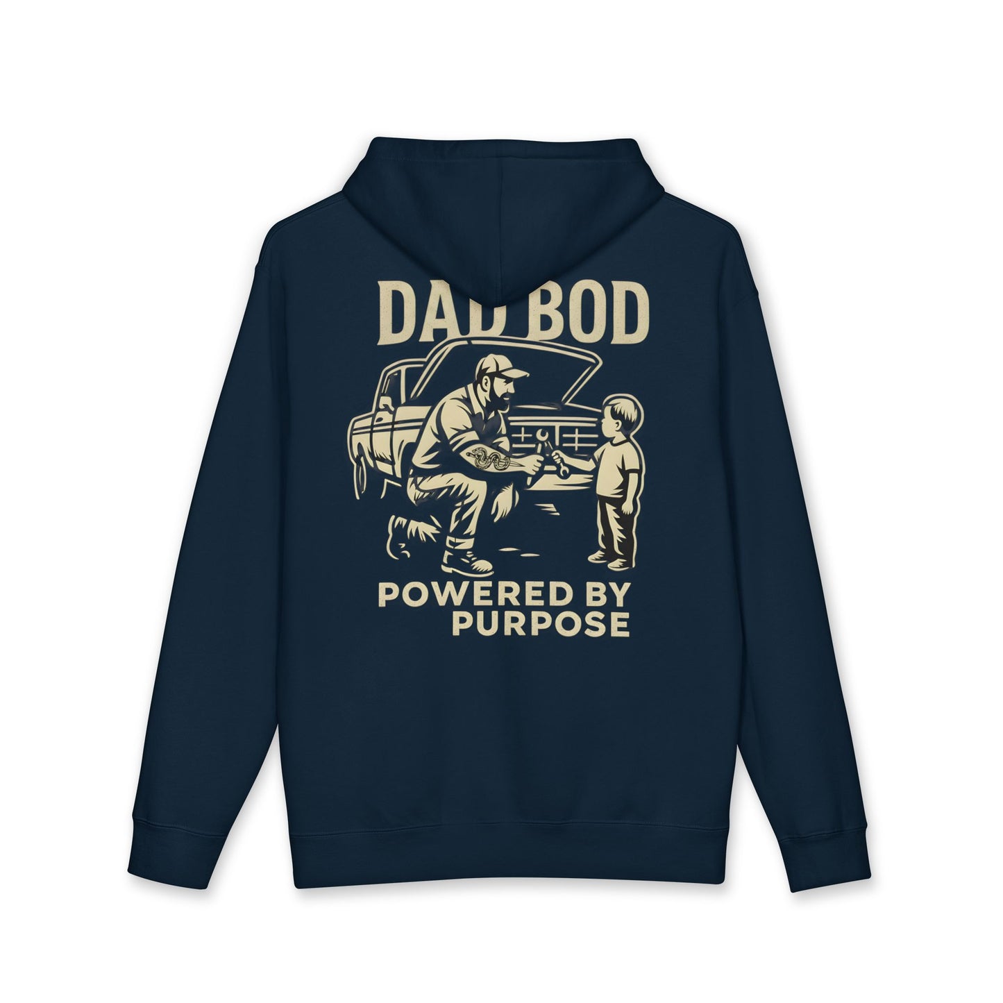 Dad Bod Hoodie — "Powered By Purpose" Vintage Mechanic Fatherhood Pullover